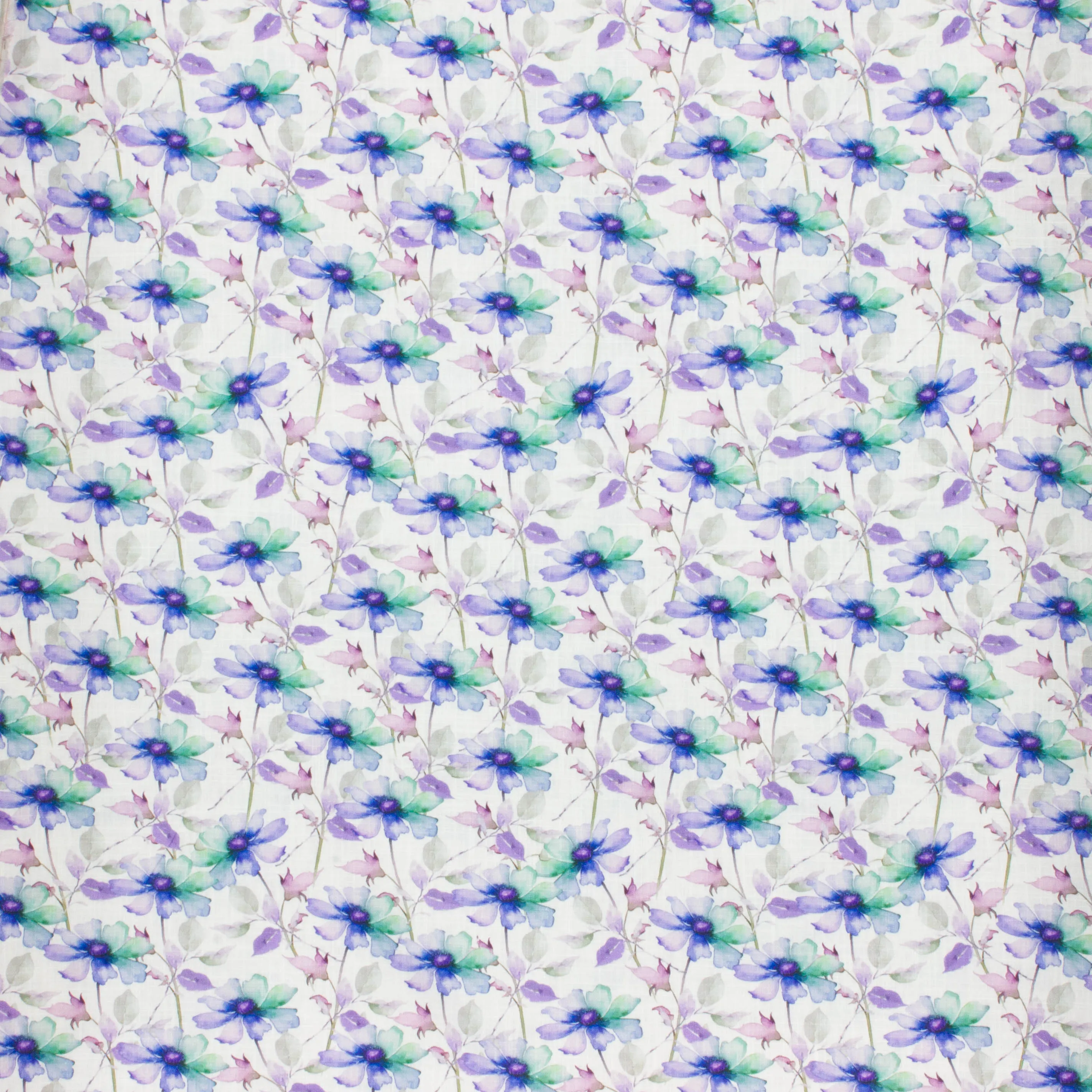 Witte viscose linnen met bloemen in groen, paarse en blauwe tinten